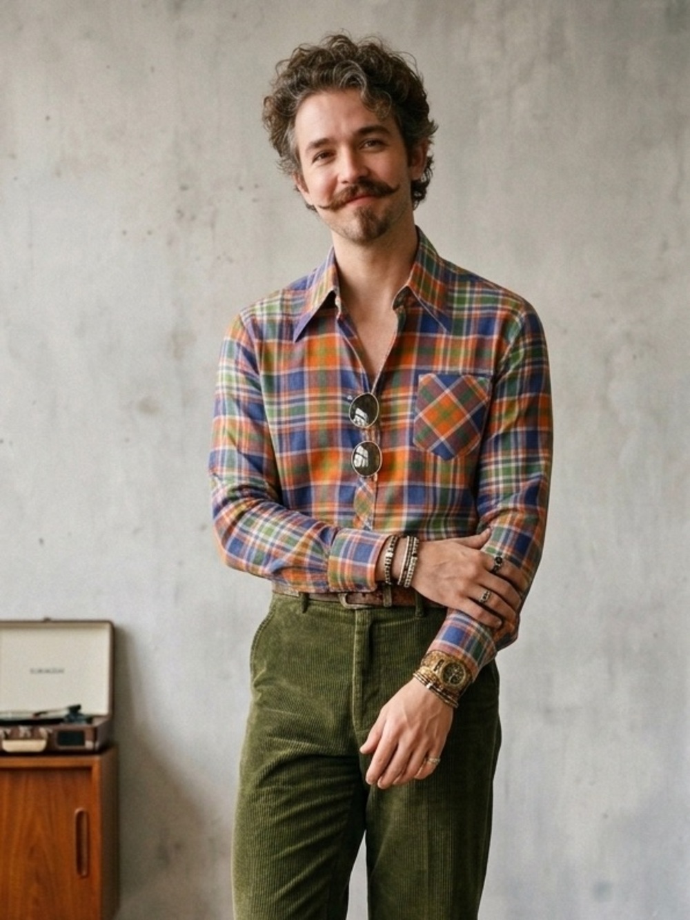 Vintage 70s Piccolino Gino Paoli Plaid Dagger Collar Shirt Men Small Mod Cotton